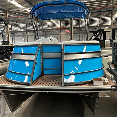 Sport pontoon boat deck configuration and hull design