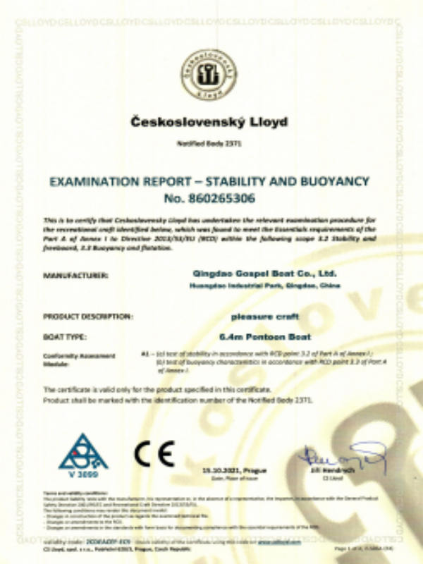 6.4m Pontoon Boat Stability and Buoyancy Report 860265306